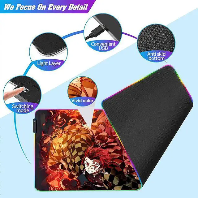 Alt view image 4 of 7 - RGB Large Anime Mouse Pad Tanjiro and Nezuko,Mousepad with Stitched Edge Frame & Non-Slip Rubber Base,Long Laptop Glowing Desk Pad,Computer Keyboard and Mice Pads Mouse Mat 31.5X11.8