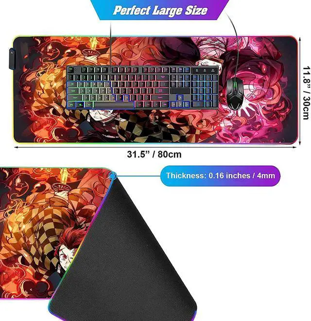 Alt view image 3 of 7 - RGB Large Anime Mouse Pad Tanjiro and Nezuko,Mousepad with Stitched Edge Frame & Non-Slip Rubber Base,Long Laptop Glowing Desk Pad,Computer Keyboard and Mice Pads Mouse Mat 31.5X11.8