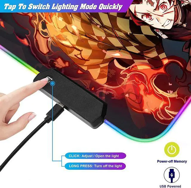 Alt view image 7 of 7 - RGB Large Anime Mouse Pad Tanjiro and Nezuko,Mousepad with Stitched Edge Frame & Non-Slip Rubber Base,Long Laptop Glowing Desk Pad,Computer Keyboard and Mice Pads Mouse Mat 31.5X11.8