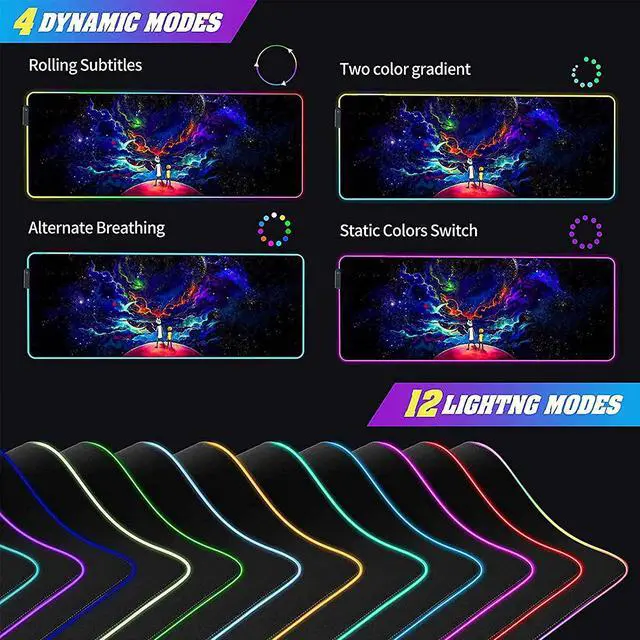 Alt view image 2 of 7 - Anime Mouse Pad RGB Night Sky Space Stars,12 Light Modes-Non-Slip Rubber Base Mousepad-Textured cloth design-Long Glowing Laptop Desk Pad,Computer Keyboard and Mice Combo Pads Mouse Mat-31.5x11.8 inch