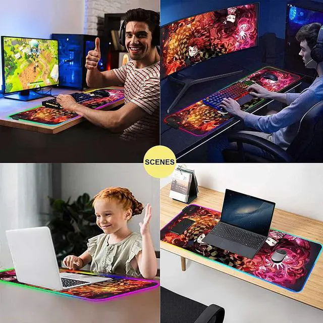 Alt view image 6 of 7 - RGB Large Anime Mouse Pad Tanjiro and Nezuko,Mousepad with Stitched Edge Frame & Non-Slip Rubber Base,Long Laptop Glowing Desk Pad,Computer Keyboard and Mice Pads Mouse Mat 31.5X11.8