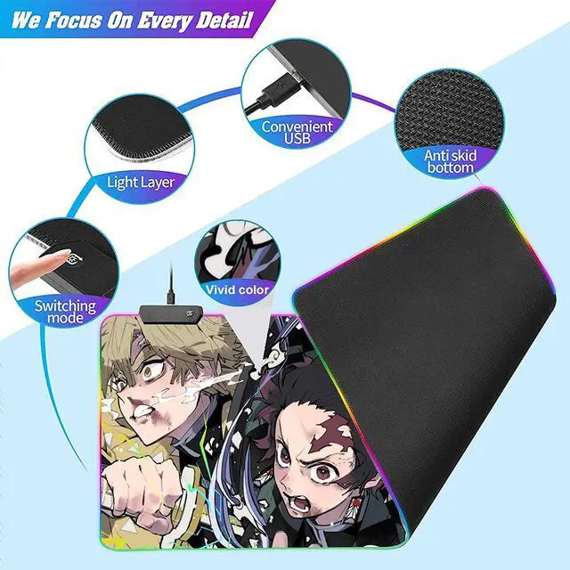 Alt view image 3 of 7 - RGB Anime Demon Slayer Mouse Pad Tanjirou-Zenitsu-Inosuke Custom Mousepad with 12 Lighting Modes Mouse mat,Non-Slip Rubber Base Portable Desk Pad,Computer Keyboard and Mice Pads 31.5X15.7