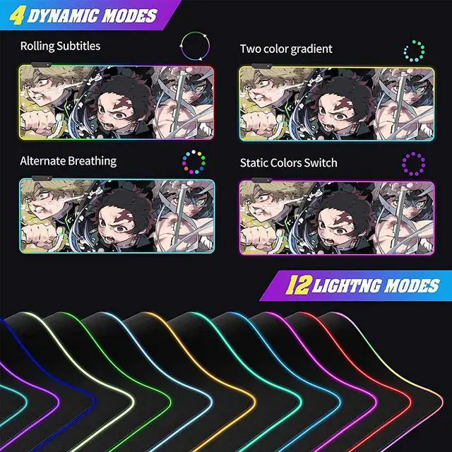 Alt view image 2 of 7 - RGB Anime Demon Slayer Mouse Pad Tanjirou-Zenitsu-Inosuke Custom Mousepad with 12 Lighting Modes Mouse mat,Non-Slip Rubber Base Portable Desk Pad,Computer Keyboard and Mice Pads 31.5X15.7