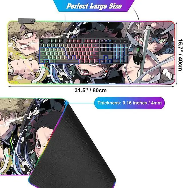 Alt view image 5 of 7 - RGB Anime Demon Slayer Mouse Pad Tanjirou-Zenitsu-Inosuke Custom Mousepad with 12 Lighting Modes Mouse mat,Non-Slip Rubber Base Portable Desk Pad,Computer Keyboard and Mice Pads 31.5X15.7