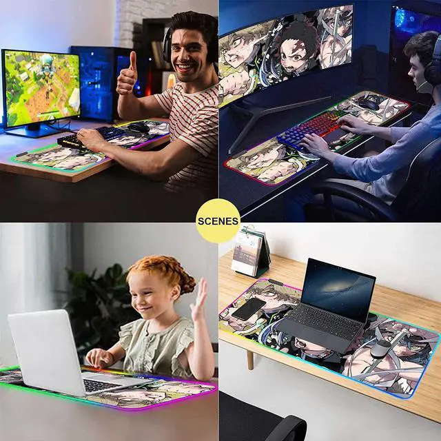Alt view image 6 of 7 - RGB Anime Demon Slayer Mouse Pad Tanjirou-Zenitsu-Inosuke Custom Mousepad with 12 Lighting Modes Mouse mat,Non-Slip Rubber Base Portable Desk Pad,Computer Keyboard and Mice Pads 31.5X15.7