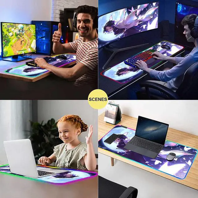 Alt view image 6 of 7 - RGB Anime Mouse Pad Demon Slayer Shinobu Custom Mousepad with Stitched Edge Frame & Non-Slip Rubber Base,Long Laptop Glowing Desk Pad,Computer Keyboard and Mice Pads Mouse Mat 31.5X15.7 inch