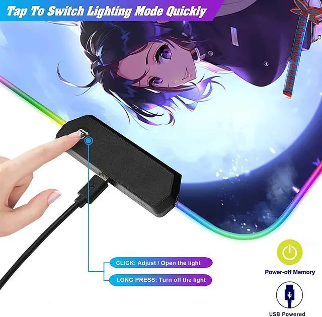 Alt view image 7 of 7 - RGB Anime Mouse Pad Demon Slayer Shinobu Custom Mousepad with Stitched Edge Frame & Non-Slip Rubber Base,Long Laptop Glowing Desk Pad,Computer Keyboard and Mice Pads Mouse Mat 31.5X15.7 inch