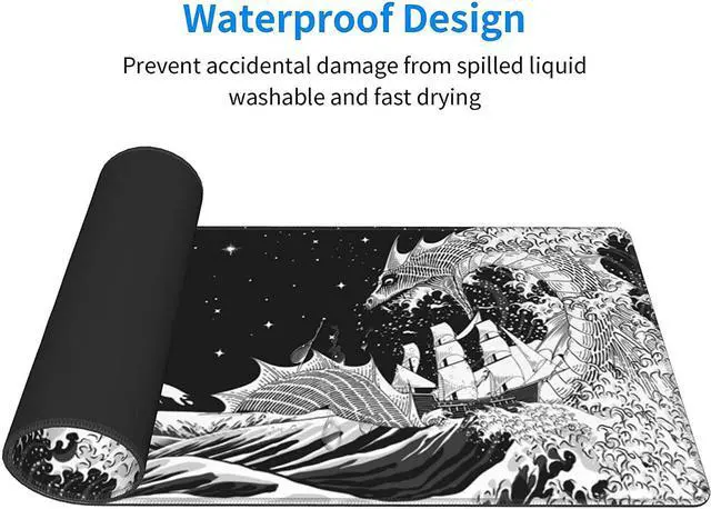 Alt view image 4 of 7 - Black and White Japanese Waves Sea Dragon Gaming Mouse Pad XL, Extended Large Mouse Mat Desk Pad, Stitched Edges Mousepad, Long Non-Slip Rubber Base Mice Pad, 31.5 X 11.8 Inch