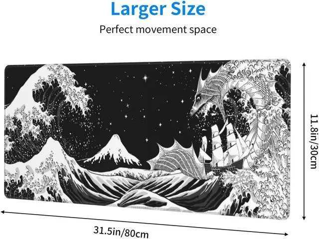 Alt view image 3 of 7 - Black and White Japanese Waves Sea Dragon Gaming Mouse Pad XL, Extended Large Mouse Mat Desk Pad, Stitched Edges Mousepad, Long Non-Slip Rubber Base Mice Pad, 31.5 X 11.8 Inch
