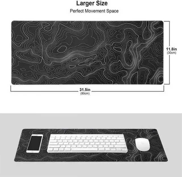 Alt view image 7 of 7 - Black and White Topographic Line Mouse Pad (31.5 x11.8 in) Gaming Desk pad with Non-Slip Rubber Base XL Professional Large Mouse Pad & Computer Game Mouse Mat for Office Laptop Men Women