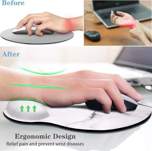 Alt view image 3 of 7 - Ergonomic Mouse Pad with Wrist Support Decorative Mouse Mat for Women Non-Slip Rubber Base Mousepad for Desk Laptop Gaming Working Computers Easy Typing & Pain Relief White Marble