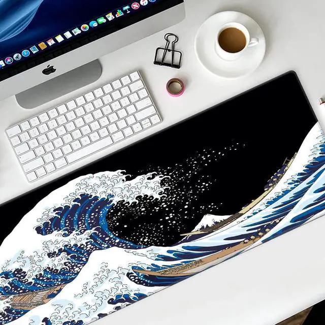 Alt view image 6 of 6 - Desk Pad Protector,Mouse Pad with Non-Slip Rubber Base,Textured & Waterproof Mousepad with Stitched Edges,Large Desk mats for Computers,Laptop,Gaming,Office & Home,31.5 x 11.8 in,Great Wave