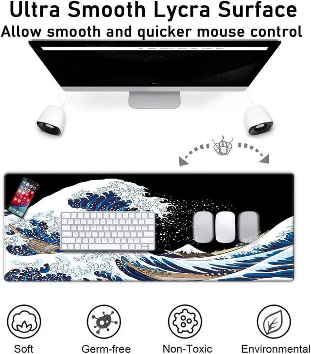 Alt view image 2 of 6 - Desk Pad Protector,Mouse Pad with Non-Slip Rubber Base,Textured & Waterproof Mousepad with Stitched Edges,Large Desk mats for Computers,Laptop,Gaming,Office & Home,31.5 x 11.8 in,Great Wave