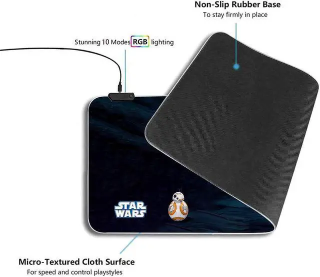 Alt view image 5 of 6 - Mandalorian Yoda Blue Death Star RGB Soft Gaming Mouse Pad Large Oversized Glowing Led Extended Mousepad Non-Slip Rubber Base Computer Keyboard Pad Mat