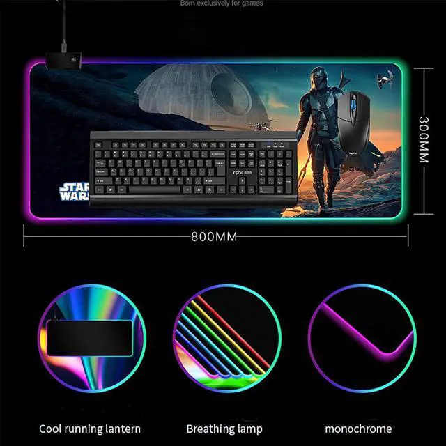 Alt view image 3 of 6 - Mandalorian Yoda Blue Death Star RGB Soft Gaming Mouse Pad Large Oversized Glowing Led Extended Mousepad Non-Slip Rubber Base Computer Keyboard Pad Mat