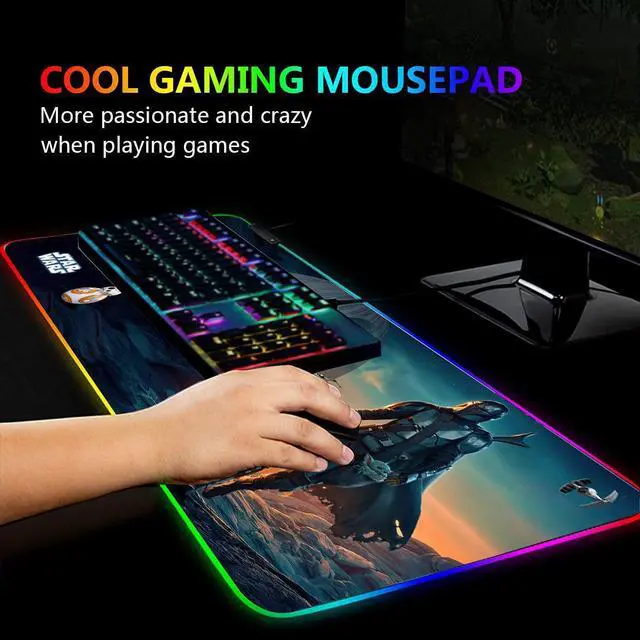 Alt view image 4 of 6 - Mandalorian Yoda Blue Death Star RGB Soft Gaming Mouse Pad Large Oversized Glowing Led Extended Mousepad Non-Slip Rubber Base Computer Keyboard Pad Mat