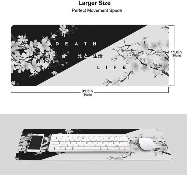 Alt view image 6 of 6 - Japanese Black and White Cherry Blossom Gaming Mouse Pad XL Extended Large Mouse Mat Desk Pad Stitched Edges Mousepad Long Non-Slip Rubber Base Mice Pad 31.5 X 11.8 Inch