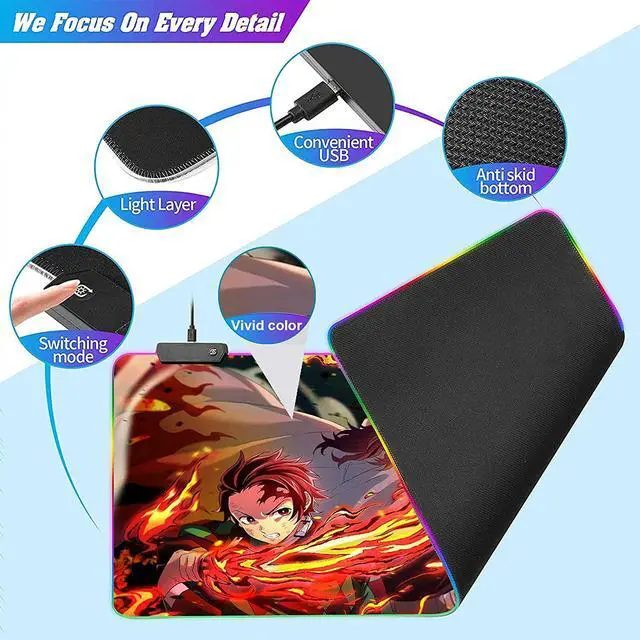 Alt view image 3 of 7 - RGB Anime Mouse Pad Tanjiro and Rengoku Sword Custom Mousepad with LED Light Edges & Non-Slip Rubber Base,Laptop Desk Pad,Computer Keyboard and Mice Pads Mat 35.4X15.7
