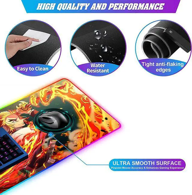 Alt view image 4 of 7 - RGB Anime Mouse Pad Tanjiro and Rengoku Sword Custom Mousepad with LED Light Edges & Non-Slip Rubber Base,Laptop Desk Pad,Computer Keyboard and Mice Pads Mat 35.4X15.7