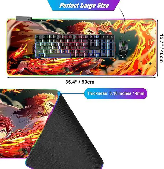 Alt view image 5 of 7 - RGB Anime Mouse Pad Tanjiro and Rengoku Sword Custom Mousepad with LED Light Edges & Non-Slip Rubber Base,Laptop Desk Pad,Computer Keyboard and Mice Pads Mat 35.4X15.7
