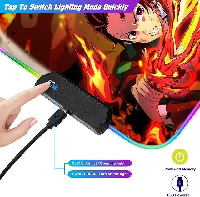 Alt view image 6 of 7 - RGB Anime Mouse Pad Tanjiro and Rengoku Sword Custom Mousepad with LED Light Edges & Non-Slip Rubber Base,Laptop Desk Pad,Computer Keyboard and Mice Pads Mat 35.4X15.7