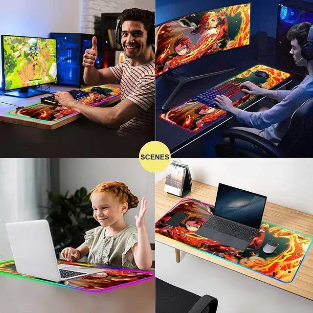 Alt view image 7 of 7 - RGB Anime Mouse Pad Tanjiro and Rengoku Sword Custom Mousepad with LED Light Edges & Non-Slip Rubber Base,Laptop Desk Pad,Computer Keyboard and Mice Pads Mat 35.4X15.7