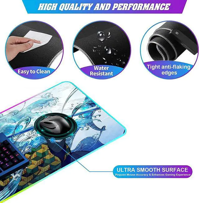 Alt view image 5 of 7 - RGB Large Gaming Mouse Pad Anime Giyuu Sword kimetsu no Yaiba,Laptop Desk Pad,Mousepad with Stitched Edge Frame & Non-Slip Rubber Base,Computer Keyboard and Mice Pads Mouse Mat 31.5X15.7