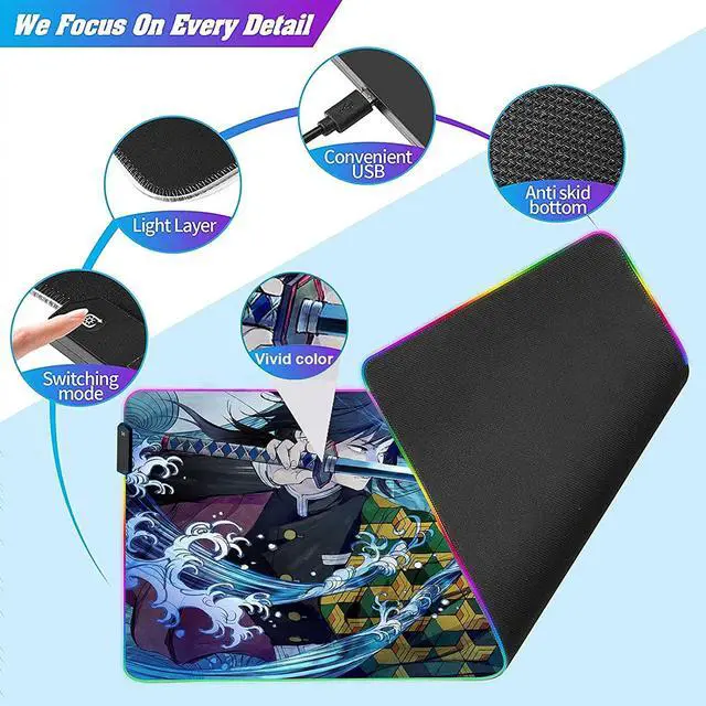 Alt view image 4 of 7 - RGB Large Gaming Mouse Pad Anime Giyuu Sword kimetsu no Yaiba,Laptop Desk Pad,Mousepad with Stitched Edge Frame & Non-Slip Rubber Base,Computer Keyboard and Mice Pads Mouse Mat 31.5X15.7