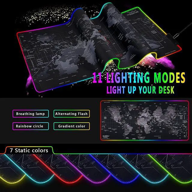 Alt view image 3 of 7 - RGB Gaming Mouse Pad 31.5" x 12" Large Extended LED Mouse Pad with 11 Lighting Modes, World Map Desk Mat, Waterproof Smooth Surface, Non-Slip Rubber Base, Great for Christmas & Holiday Gifts