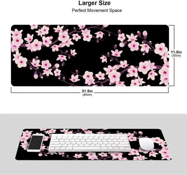 Alt view image 2 of 6 - Pink Cherry Blossoms Gaming Mouse Pad XL Extended Large Mouse Mat Desk Pad Stitched Edges Mousepad Long Mouse Pad 31.5 X 11.8 Inch