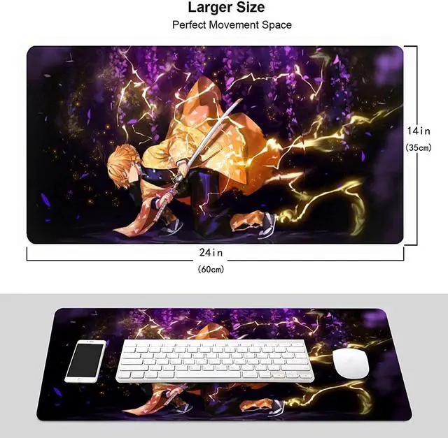 Alt view image 3 of 7 - Large Mouse Pad, Extended Gaming Mousepad Non-Slip Base Keyboard Pad,Desk Mat 24" x 14" in, Anime Mouse Pad (Japanese Anime Demon Slayer Agatsuma Zenitsu)