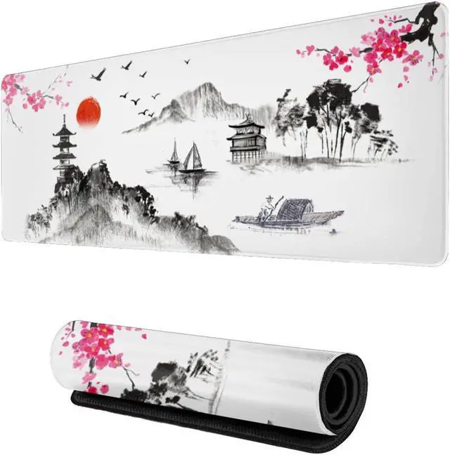 Main image of Watercolor Japanese Ink Painting Cherry Blossom Mouse Pad XL, Extended Stitched Edges Asian Art Hills Large White Gaming Mouse Mat Desk Pad, Long Non Slip Rubber Base Mice Pad (31.5 X 11.8 Inch)