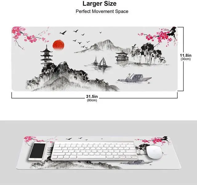 Alt view image 2 of 6 - Watercolor Japanese Ink Painting Cherry Blossom Mouse Pad XL, Extended Stitched Edges Asian Art Hills Large White Gaming Mouse Mat Desk Pad, Long Non Slip Rubber Base Mice Pad (31.5 X 11.8 Inch)