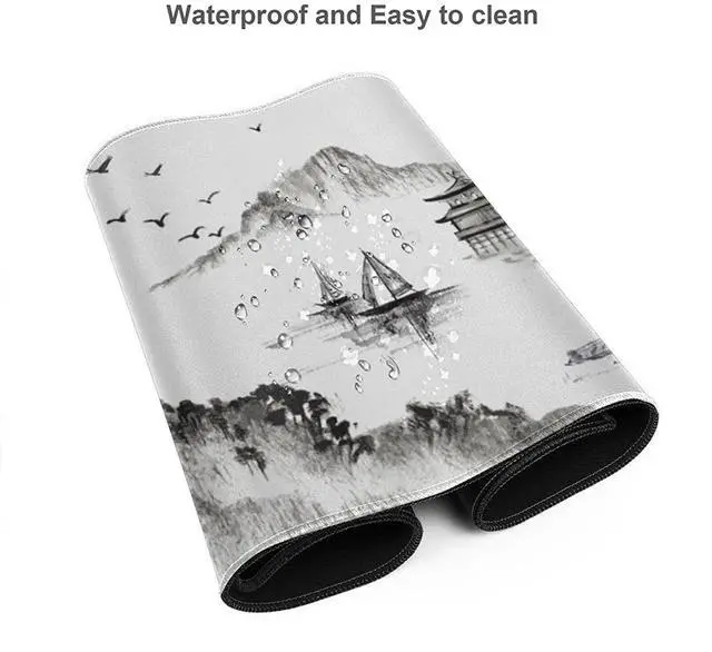 Alt view image 4 of 6 - Watercolor Japanese Ink Painting Cherry Blossom Mouse Pad XL, Extended Stitched Edges Asian Art Hills Large White Gaming Mouse Mat Desk Pad, Long Non Slip Rubber Base Mice Pad (31.5 X 11.8 Inch)