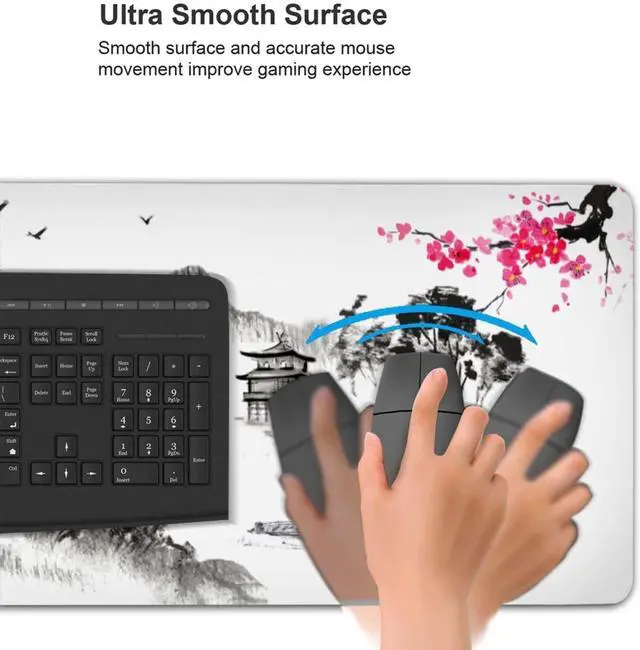 Alt view image 5 of 6 - Watercolor Japanese Ink Painting Cherry Blossom Mouse Pad XL, Extended Stitched Edges Asian Art Hills Large White Gaming Mouse Mat Desk Pad, Long Non Slip Rubber Base Mice Pad (31.5 X 11.8 Inch)