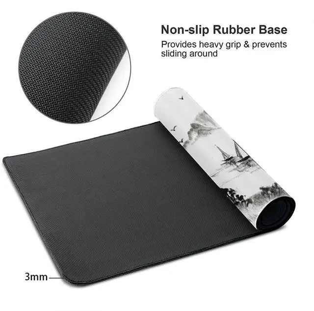 Alt view image 3 of 6 - Watercolor Japanese Ink Painting Cherry Blossom Mouse Pad XL, Extended Stitched Edges Asian Art Hills Large White Gaming Mouse Mat Desk Pad, Long Non Slip Rubber Base Mice Pad (31.5 X 11.8 Inch)