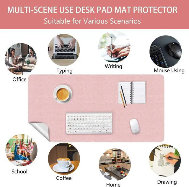 Alt view image 7 of 7 - Office Desk Mat Mouse Pad Protector PU Leather Writing Desk Blotter Keyboard Mouse Mat Pad Writing Desk Cover Ultra-Thin Table Protector Cute for Women & Girl 24 X 48 Inch (Shell-Pink/Bright Silver)