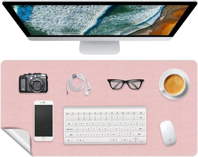Main image of Office Desk Mat Mouse Pad Protector PU Leather Writing Desk Blotter Keyboard Mouse Mat Pad Writing Desk Cover Ultra-Thin Table Protector Cute for Women & Girl 24 X 48 Inch (Shell-Pink/Bright Silver)