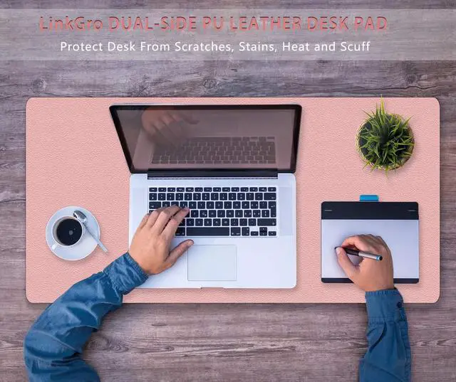 Alt view image 3 of 7 - Office Desk Mat Mouse Pad Protector PU Leather Writing Desk Blotter Keyboard Mouse Mat Pad Writing Desk Cover Ultra-Thin Table Protector Cute for Women & Girl 24 X 48 Inch (Shell-Pink/Bright Silver)