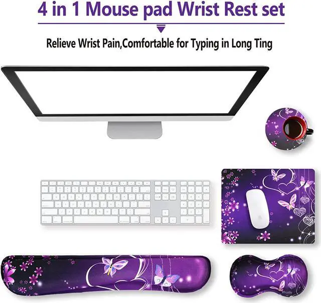 Alt view image 5 of 7 - Keyboard Wrist Rest and Mouse Pad with Wrist Support Set Ergonomic Coaster, Memory Foam Mousepad Non-Slip Rubber Base Durable Comfortable for Easy Typing Pain Relief, Purple Heart Butterfly