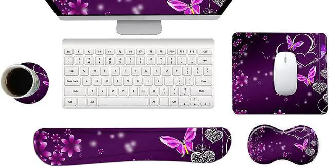 Main image of Keyboard Wrist Rest and Mouse Pad with Wrist Support Set Ergonomic Coaster, Memory Foam Mousepad Non-Slip Rubber Base Durable Comfortable for Easy Typing Pain Relief, Purple Heart Butterfly