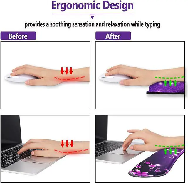 Alt view image 2 of 7 - Keyboard Wrist Rest and Mouse Pad with Wrist Support Set Ergonomic Coaster, Memory Foam Mousepad Non-Slip Rubber Base Durable Comfortable for Easy Typing Pain Relief, Purple Heart Butterfly