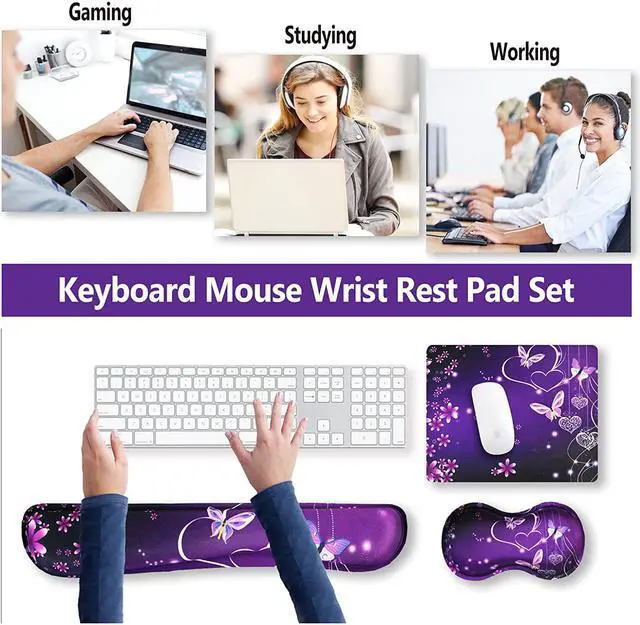 Alt view image 4 of 7 - Keyboard Wrist Rest and Mouse Pad with Wrist Support Set Ergonomic Coaster, Memory Foam Mousepad Non-Slip Rubber Base Durable Comfortable for Easy Typing Pain Relief, Purple Heart Butterfly