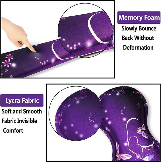 Alt view image 3 of 7 - Keyboard Wrist Rest and Mouse Pad with Wrist Support Set Ergonomic Coaster, Memory Foam Mousepad Non-Slip Rubber Base Durable Comfortable for Easy Typing Pain Relief, Purple Heart Butterfly