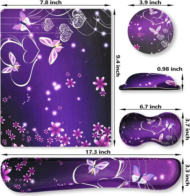 Alt view image 7 of 7 - Keyboard Wrist Rest and Mouse Pad with Wrist Support Set Ergonomic Coaster, Memory Foam Mousepad Non-Slip Rubber Base Durable Comfortable for Easy Typing Pain Relief, Purple Heart Butterfly