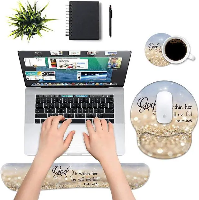 Alt view image 4 of 7 - Keyboard Wrist Rest and Mouse Pad Wrist Rest Support Set with Coasters, Non-Slip PU Base for Gaming and Office, Comfortable & Lightweight for Easy Typing & Pain Relief - Quote Bible Verses Psalm 46:5
