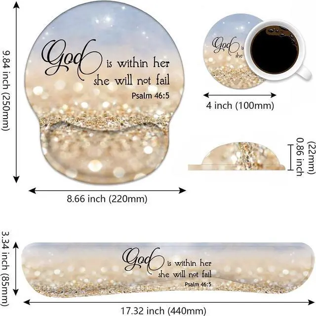 Alt view image 3 of 7 - Keyboard Wrist Rest and Mouse Pad Wrist Rest Support Set with Coasters, Non-Slip PU Base for Gaming and Office, Comfortable & Lightweight for Easy Typing & Pain Relief - Quote Bible Verses Psalm 46:5