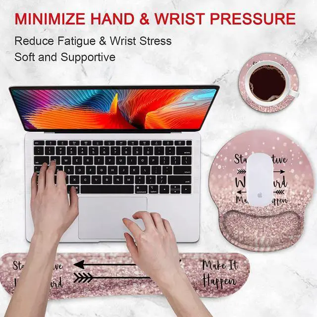 Alt view image 3 of 7 - Ergonomic Mouse Pad Wrist Support Gel and Keyboard Wrist Rest Set for Laptop , Gaming and Office, Durable, Comfortable and Pain Relief + Coaster,Stay Positive Work Hard and Make It Happen Pink Glitter
