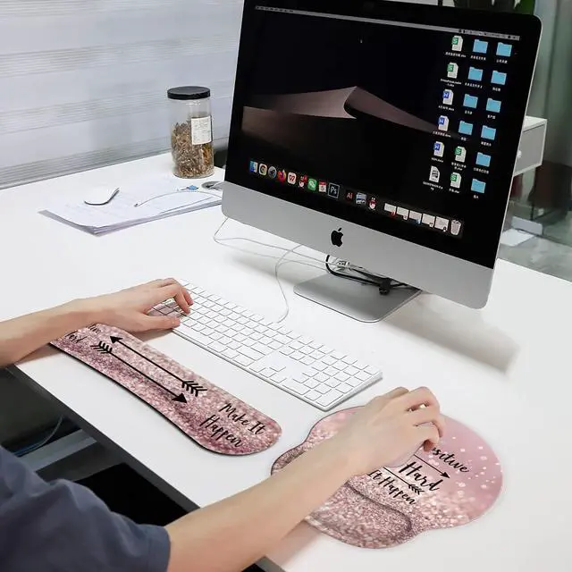 Alt view image 4 of 7 - Ergonomic Mouse Pad Wrist Support Gel and Keyboard Wrist Rest Set for Laptop , Gaming and Office, Durable, Comfortable and Pain Relief + Coaster,Stay Positive Work Hard and Make It Happen Pink Glitter