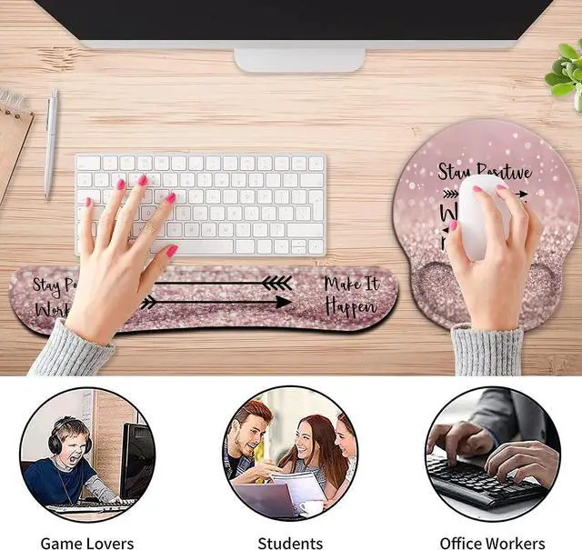 Alt view image 6 of 7 - Ergonomic Mouse Pad Wrist Support Gel and Keyboard Wrist Rest Set for Laptop , Gaming and Office, Durable, Comfortable and Pain Relief + Coaster,Stay Positive Work Hard and Make It Happen Pink Glitter